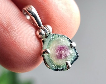 Watermelon Tourmaline Slice Pendant, Sterling Silver Tourmaline Necklace - Pink & Green Tourmaline Crystal Jewelry