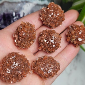 May include: Six small, brown, crystal clusters with a sparkly, iridescent finish. The clusters are arranged in a hand, with the tips of the crystals pointing outwards.