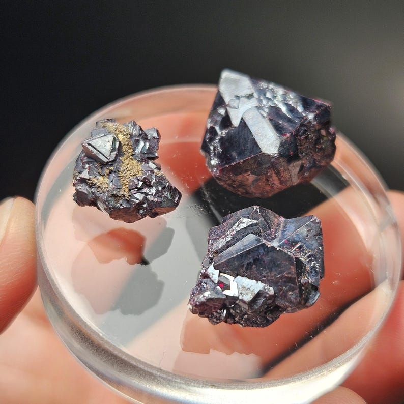 Puede incluir: Tres espec&iacute;menes minerales de color p&uacute;rpura oscuro con brillo met&aacute;lico se exhiben sobre una superficie clara y redonda. Los minerales tienen formaciones cristalinas geom&eacute;tricas y afiladas. Un esp&eacute;cimen tiene una peque&ntilde;a cantidad de matriz de color beige.