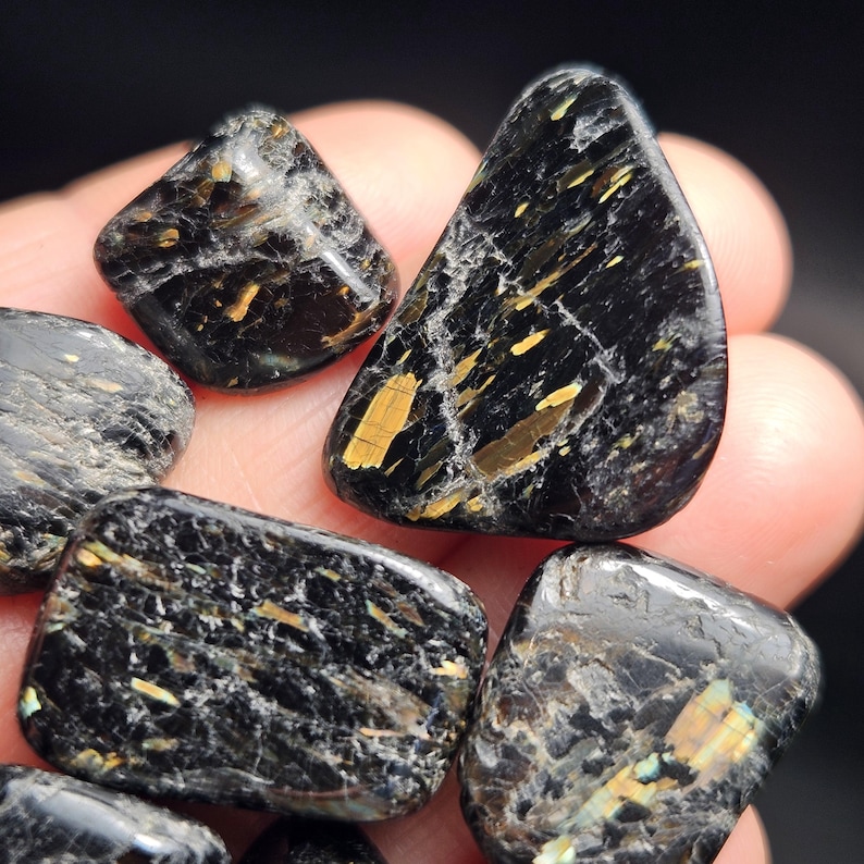 May include: A collection of polished black stones with gold-colored inclusions. The stones vary in shape, with some being rounded and others more angular. The gold inclusions create a striking contrast against the dark background.