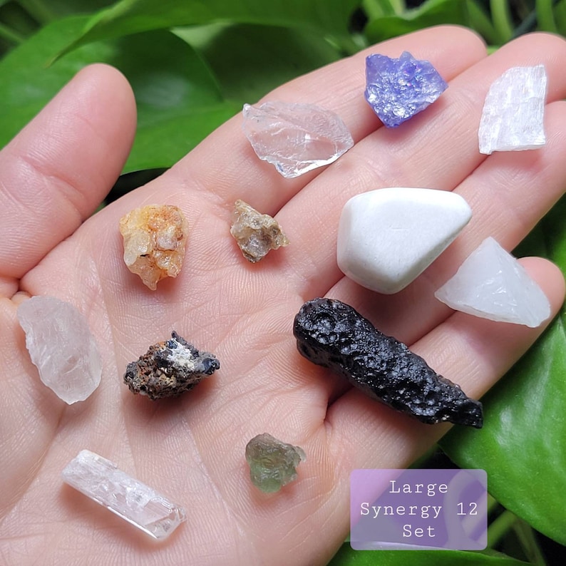 Puede incluir: Una colecci&oacute;n de doce cristales y piedras en bruto de varias formas y colores, incluyendo transparente, blanco, morado y negro. Los cristales se muestran en una mano, con una etiqueta que dice "Large Synergy 12 Set."