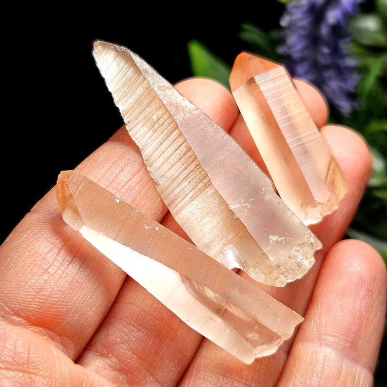 May include: Three translucent, light orange-tinted quartz crystal points. The largest crystal features distinct horizontal striations along its surface, while the other two are smooth and clear. These natural mineral specimens are elongated.