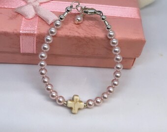 Little girl's Swarovski pink  pearl  bracelet Communion Baptism-  baby jewelry