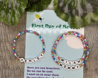 Personalized Mother and two daughters  multi color bracelet set  or can be made to include dad - First day of School -Mommy and me bracelets