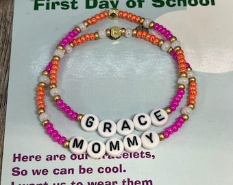 Personalized Mother daughter multi color bracelet set - First day of School -Mommy and me bracelets
