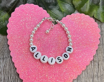 Personalized Name bracelet-baptism- Little girl's  pink  pearl  bracelet Communion Baptism-  baby jewelry