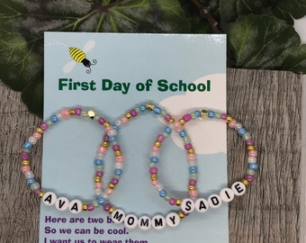 Personalized Mother and one daughter multi color bracelet set  - First day of School -Mommy and me bracelets