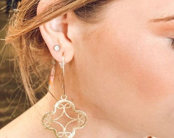 Trendy gold star dangle earrings made with acute circle and half moon dangle - star earrings -