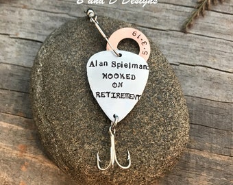 Personalized Retirement gift-  fishing lure -  Officially retired - Retirement - hand stamped