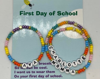 Personalized Mother and two daughters  multi color bracelet set  - First day of School -Mommy and me bracelets