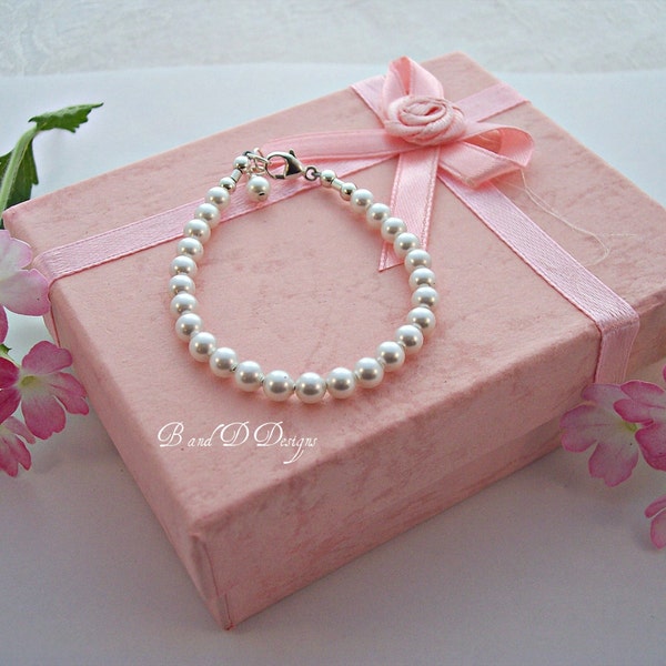 Communion child’s pearl bracelet - Baptism  Baby shower  Swarovski white  pearl baby bracelet Valentine's Day Easter