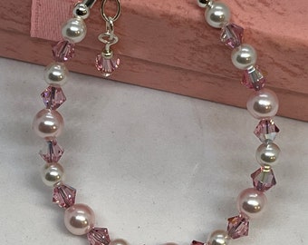 Little girl's pink  pearl  bracelet Communion Baptism-  baby jewelry