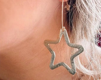 Trendy gold star dangle earrings made with acute circle and half moon dangle - star earrings -