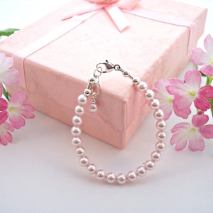 Little girl&#39;s pink  pearl  bracelet Communion Baptism-  baby jewelry