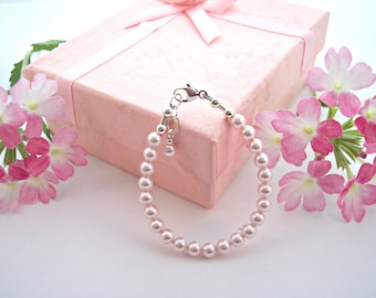 Little girl's pink  pearl  bracelet Communion Baptism-  baby jewelry