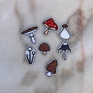 May include: A set of eight embroidered mushroom patches in various colours and styles, including red, brown, white, and black. The patches are perfect for adding a touch of whimsy to clothing, bags, or other accessories.