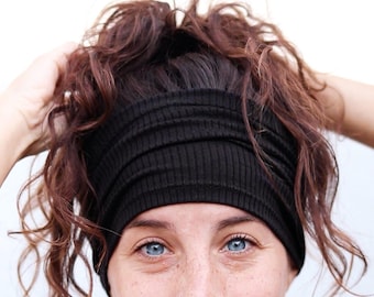 Black Ribbed Knit Headband, Wide Dreadlock Hair Wrap, Comfy Handmade Headband