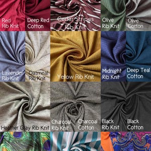 The image is a collage of various fabric swatches, each with different colors, textures, and patterns. The swatches include rib knit fabrics such as deep red, cedar stripes, olive, rib knit, oatmeal, yellow, and black rib knit. The swatches also feature paisley patterns, charcoal, black, and teal stripes. The image does not contain any text, and the descriptions provided are concise and avoid redundancy.