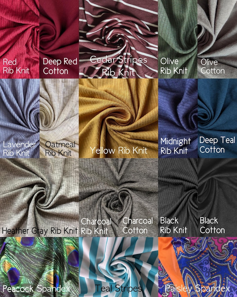 The image is a collage of various fabric swatches, each with different colors, textures, and patterns. The swatches include rib knit fabrics such as deep red, cedar stripes, olive, rib knit, oatmeal, yellow, and black rib knit. The swatches also feature paisley patterns, charcoal, black, and teal stripes. The image does not contain any text, and the descriptions provided are concise and avoid redundancy.