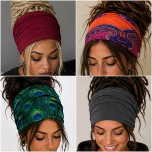 The image is a collage of four photos featuring women with different hairstyles and headbands.