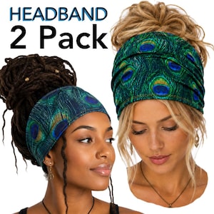 2 Pack Boho Headbands | Peacock Paisley Long Wide Hair Band Wrap Tube