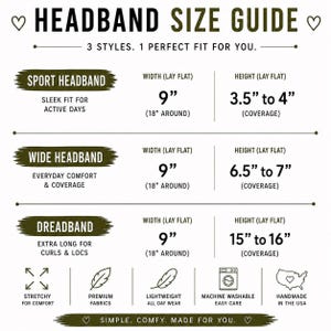 The image is a size guide for headbands, providing information about three different styles and their corresponding widths and heights.