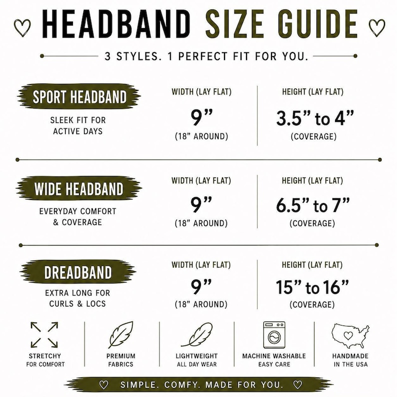 The image is a size guide for headbands, providing information about three different styles and their corresponding widths and heights.
