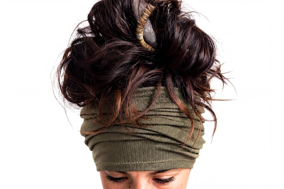 Olive Ribbed Knit Headband, Dreadlock Hair Tube, Handmade & Eco Friendly