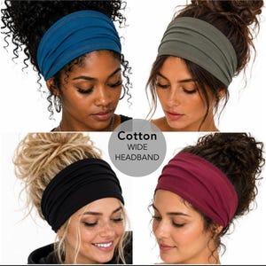 The image is a collage of four photos featuring women with different hairstyles wearing wide cotton headbands.