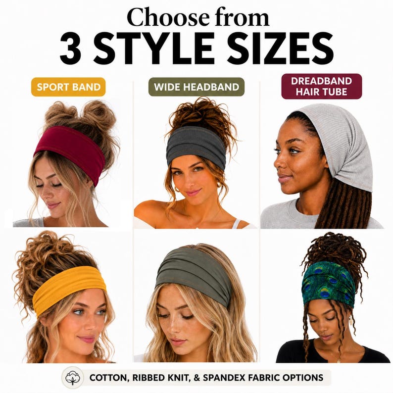 The image is a collage of six different headband styles, each with a different color and pattern, showcasing various options for choosing from.