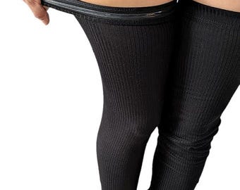 Black Ribbed Knit Thigh High Leg Warmers, Stretchy Yoga Leggings
