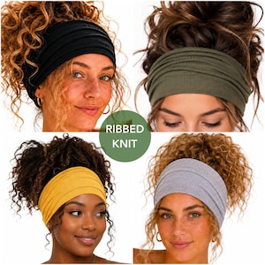 The image is a collage of four photos featuring women with different hairstyles wearing headbands.