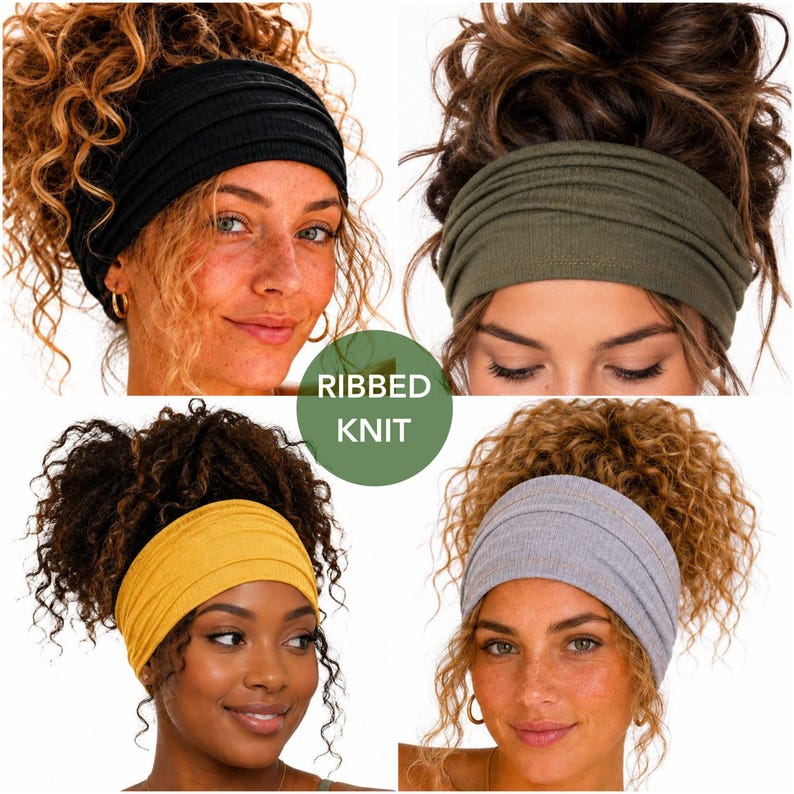 The image is a collage of four photos featuring women with different hairstyles wearing headbands.