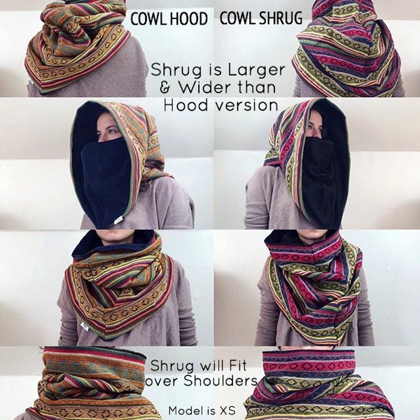 4 in 1 Scarf, Cowl Shrug, Functional Fashion, Nepalese Cotton, Ethnic Scarf, Large Hood, Tribal Print, Convertible Scarf, Camping Scarf