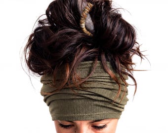 Olive Ribbed Knit Headband, Dreadlock Hair Tube, Handmade & Eco Friendly