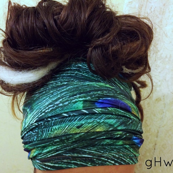 Peacock Headband, Peacock Dread Sock, Feather Band, Hippie Headband, Hair Wrap, Long Head Tube, Running Headband, Fitness Band, Blue, Green