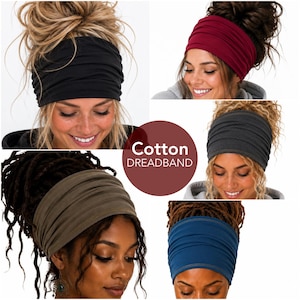 The image is a collage of five photos featuring women with different hairstyles wearing headbands. The headbands are made of cotton material and come in various colors, including black, red, gray, brown, and blue. The collage includes close-up shots of the women's faces and the headbands, as well as wider shots of the headbands and the women's hairstyles.
