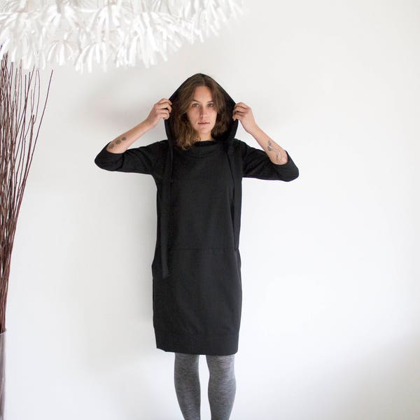 Casual black dress, Black loose dress, Hoodie dress,  Loose fit dress, Hooded tunic dress, Loose style dress, Hooded dress