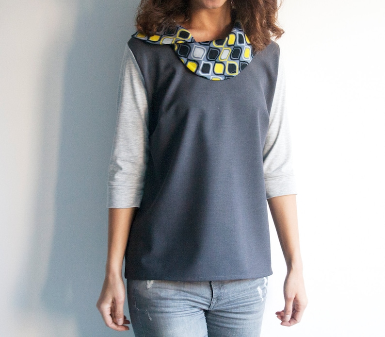 Grey tunic top with elegant collar womens grey top mustard yellow collar blouse casual top blouses for women casual blouse
