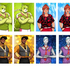 Pode incluir: Arte digital com v&aacute;rios personagens. Os personagens incluem uma figura felina em roupas esportivas, uma pessoa com cabelo ruivo em um top preto e vermelho, uma pessoa com uma camisa e colete amarelos e uma figura semelhante a um rob&ocirc;.