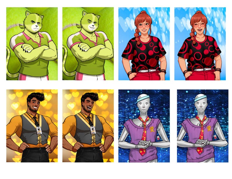 Pode incluir: Arte digital com v&aacute;rios personagens. Os personagens incluem uma figura felina em roupas esportivas, uma pessoa com cabelo ruivo em um top preto e vermelho, uma pessoa com uma camisa e colete amarelos e uma figura semelhante a um rob&ocirc;.