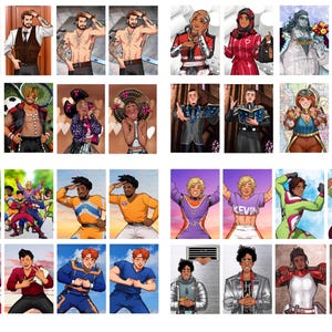 Pode incluir: Uma cole&ccedil;&atilde;o de ilustra&ccedil;&otilde;es digitais com diversos personagens em v&aacute;rias poses e roupas. As imagens mostram uma variedade de estilos, desde roupas casuais a trajes inspirados em fantasia, com alguns personagens sem camisa ou em roupas esportivas.