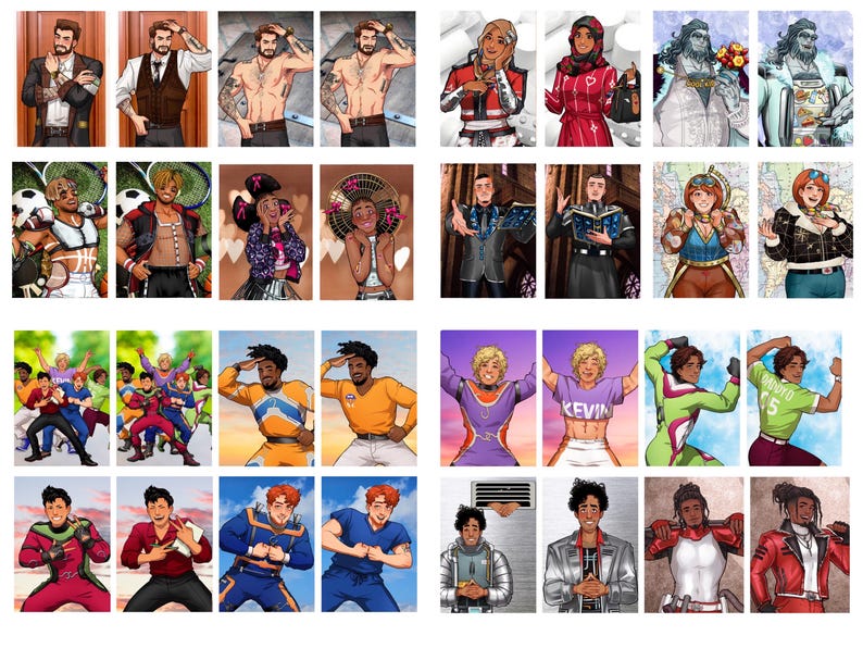 Pode incluir: Uma cole&ccedil;&atilde;o de ilustra&ccedil;&otilde;es digitais com diversos personagens em v&aacute;rias poses e roupas. As imagens mostram uma variedade de estilos, desde roupas casuais a trajes inspirados em fantasia, com alguns personagens sem camisa ou em roupas esportivas.