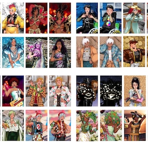 Pode incluir: Uma cole&ccedil;&atilde;o de retratos de arte digital coloridos, cada um retratando um personagem &uacute;nico com estilos e roupas distintos. Os retratos mostram diversas op&ccedil;&otilde;es de moda, desde looks inspirados no punk at&eacute; roupas florais e de fantasia.