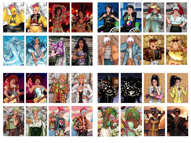 Pode incluir: Uma cole&ccedil;&atilde;o de retratos de arte digital coloridos, cada um retratando um personagem &uacute;nico com estilos e roupas distintos. Os retratos mostram diversas op&ccedil;&otilde;es de moda, desde looks inspirados no punk at&eacute; roupas florais e de fantasia.