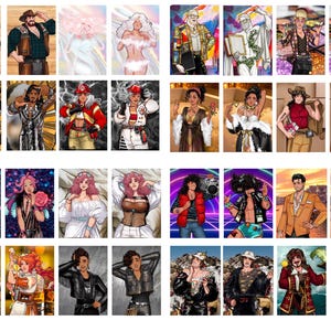 Pode incluir: Uma cole&ccedil;&atilde;o de retratos de arte digital, cada um retratando uma pessoa em v&aacute;rios trajes e estilos. As imagens mostram diversos temas, incluindo cowboys, bombeiros e personagens com elementos de fantasia. A obra de arte apresenta cores vibrantes e ilustra&ccedil;&otilde;es detalhadas.