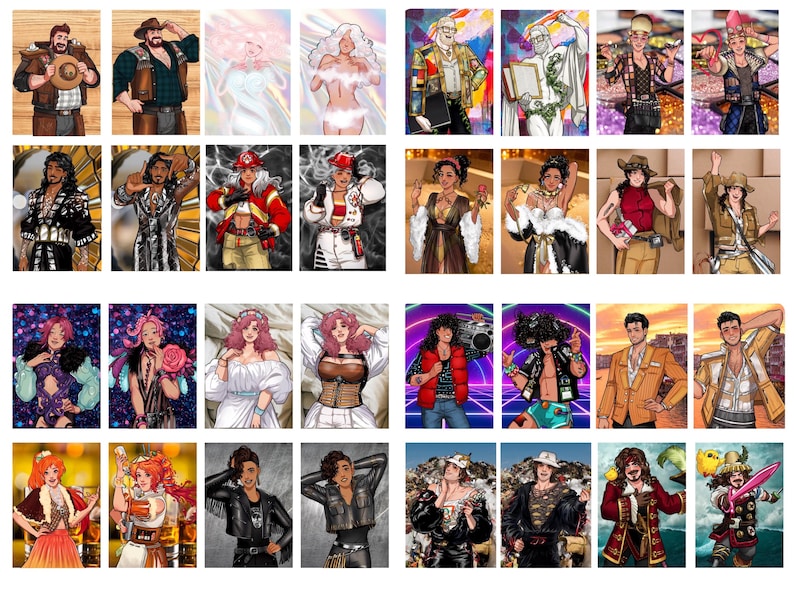 Pode incluir: Uma cole&ccedil;&atilde;o de retratos de arte digital, cada um retratando uma pessoa em v&aacute;rios trajes e estilos. As imagens mostram diversos temas, incluindo cowboys, bombeiros e personagens com elementos de fantasia. A obra de arte apresenta cores vibrantes e ilustra&ccedil;&otilde;es detalhadas.