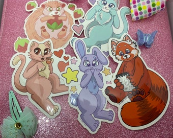 Kawaii Pastel Vinyl Animal Stickers – Cat, Bunny, Red Panda
