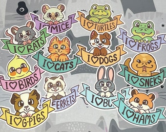 I <3 animals vinyl stickers and buttons - cute gift - cat, dog, ferret, hamster, Guinea pig, turtle, frog, rat, mouse, bunny, bird, kawaii