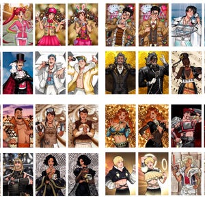 Pode incluir: Uma cole&ccedil;&atilde;o de retratos de arte digital, cada um retratando um personagem &uacute;nico em v&aacute;rios trajes e estilos. Os retratos mostram uma ampla gama de temas, incluindo fantasia, cosplay e moda hist&oacute;rica, com cores vibrantes e designs detalhados.